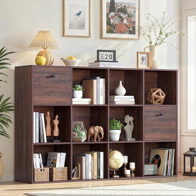 12 Cube Storage Organizer, Walnut Bookcase, Wooden Bookshelf by Odeekea