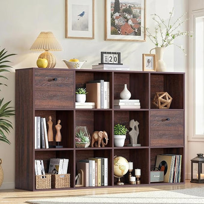12 Cube Storage Organizer, Walnut Bookcase, Wooden Bookshelf by Odeekea