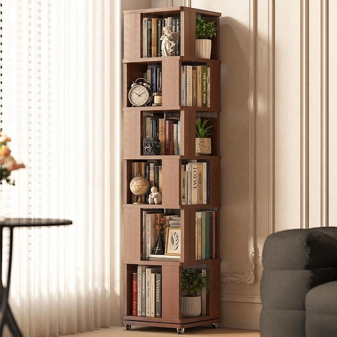 6 Tier Solid Wood Rotating Bookshelf Tower on Wheels, 360° Upgrade Spinning by Easyego