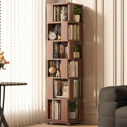 6 Tier Solid Wood Rotating Bookshelf Tower on Wheels, 360° Upgrade Spinning by Easyego