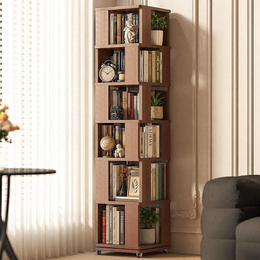 6 Tier Solid Wood Rotating Bookshelf Tower on Wheels, 360° Upgrade Spinning by Easyego