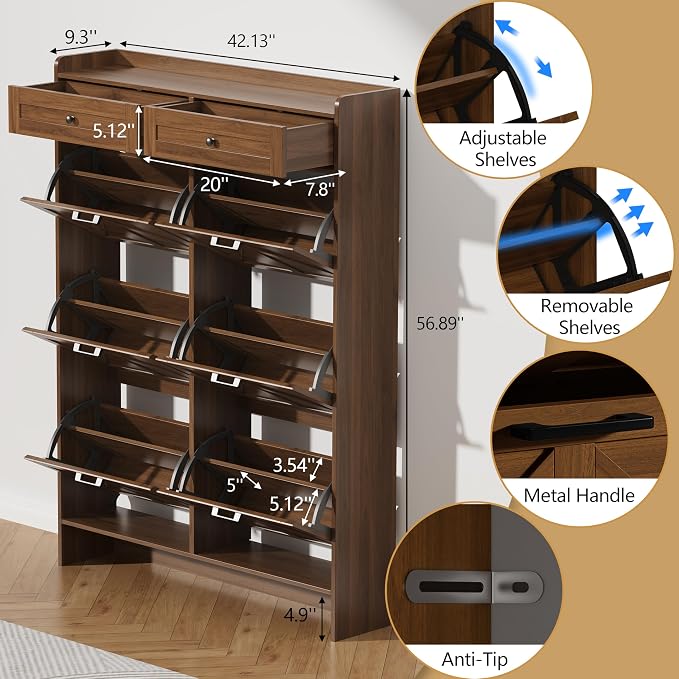 Thacuok Shoe Cabinet with 6 Flip Drawers & 2 Storage Drawers, Rustic Farmhouse - Image 6
