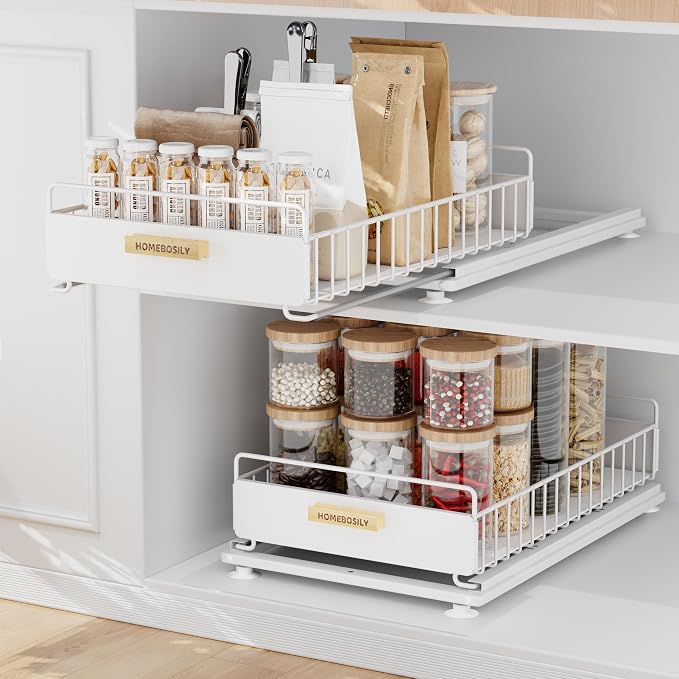 Under Sink Organizer, 2 Pack Pull Out Kitchen Cabinet Organizer, Mute Slide-Out by HOMEBOSILY