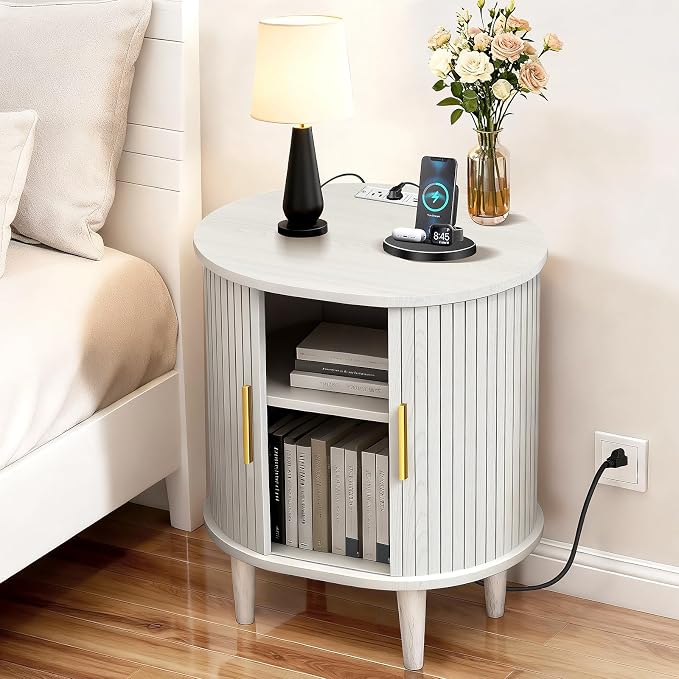 Nightstand with Charging Station, Fluted Accent Side Table with Sliding Door & by DHHFurnitureBuyNow