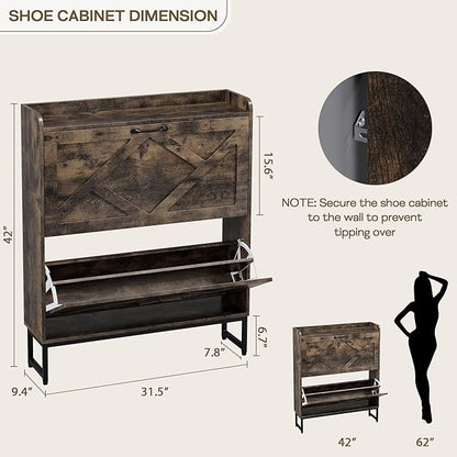 Nicetree Shoe Cabinet with 2 Flip Drawers, Entryway Organizer, Chestnut | Slim - Image 2