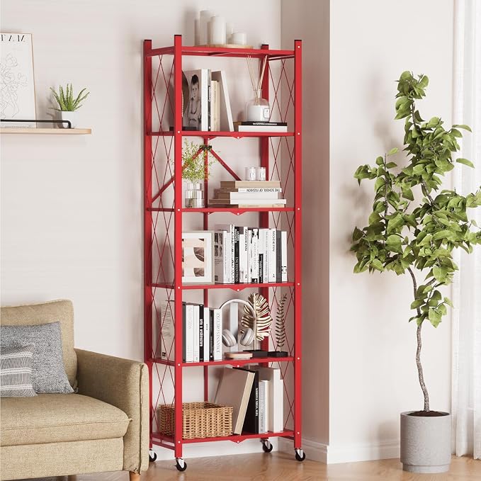 ALANNG 73.6 Inch Folding Bookshelf, 6 Tier Metal Bookcase and Bookshelves | - Image 2