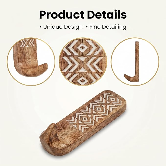 IndianShelf 3 Boho Wood Adhesive Wall Hooks Peel Stick - Image 3