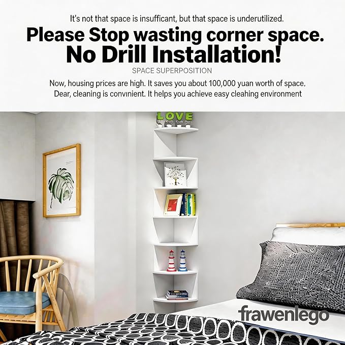 No-Drill Corner Shelf Wall Mount, 7-Tier Thickened 12mm Floating Bookshelf - Image 2