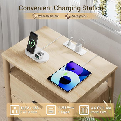 Night Stand Set of 2 with Charging Station, 2 Drawers End Table with Open Shelf - Image 4