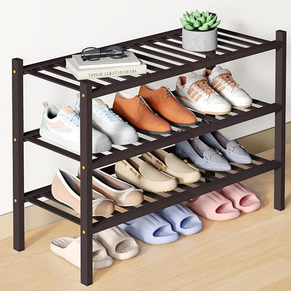 Smiry Bamboo Shoe Rack for Closet, 3 Tier Wooden Stackable Shoe Organizer by Smiry