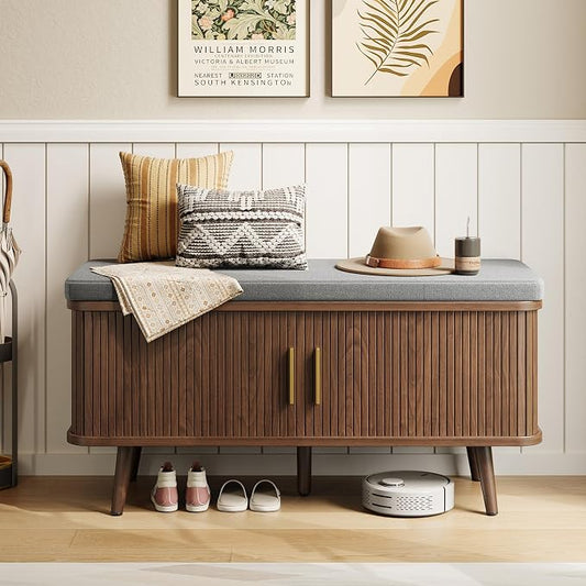 Decofy Shoe Storage Bench with Cushion and Sliding Doors, 39 Inch Shoe Bench by Decofy