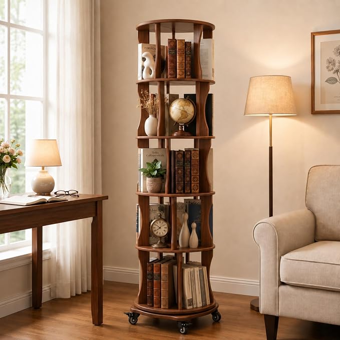 Rotating Bookshelf Tower 5 Tier Corner Bookshelf 360° Spinning Bookshelf | by Drogenble