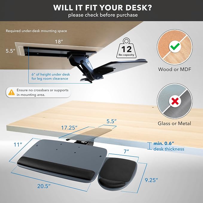 Mount-It! Under Desk Keyboard Tray, Adjustable Slide-Out Keyboard & Mouse - Image 5