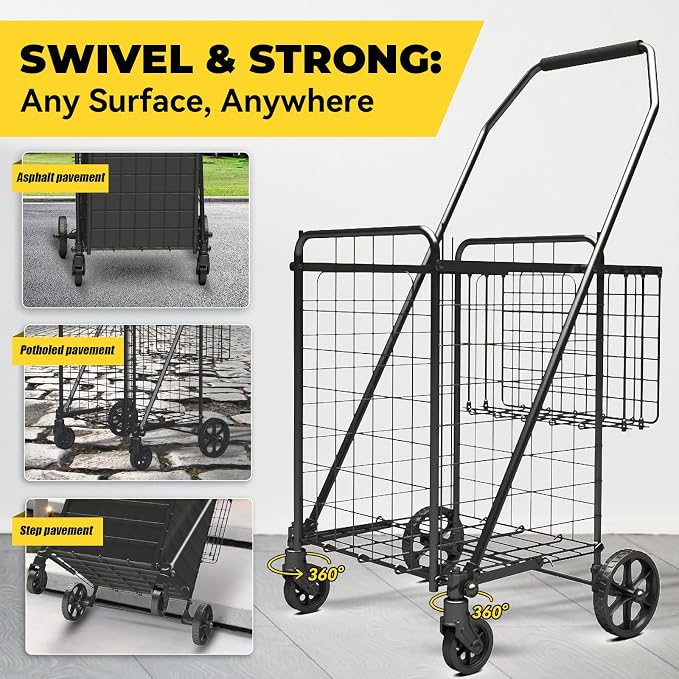 3.7 Cu Ft Folding Shopping Cart - 380 LB Capacity Grocery Cart - Heavy Duty - Image 2