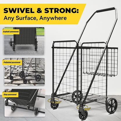 3.7 Cu Ft Folding Shopping Cart - 380 LB Capacity Grocery Cart - Heavy Duty - Image 2