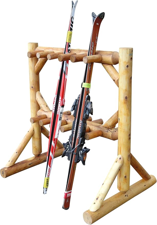 11-Place Freestanding Log Ski Rack Holder, Indoor & Outdoor Snowboard Racks by LogKayakRack