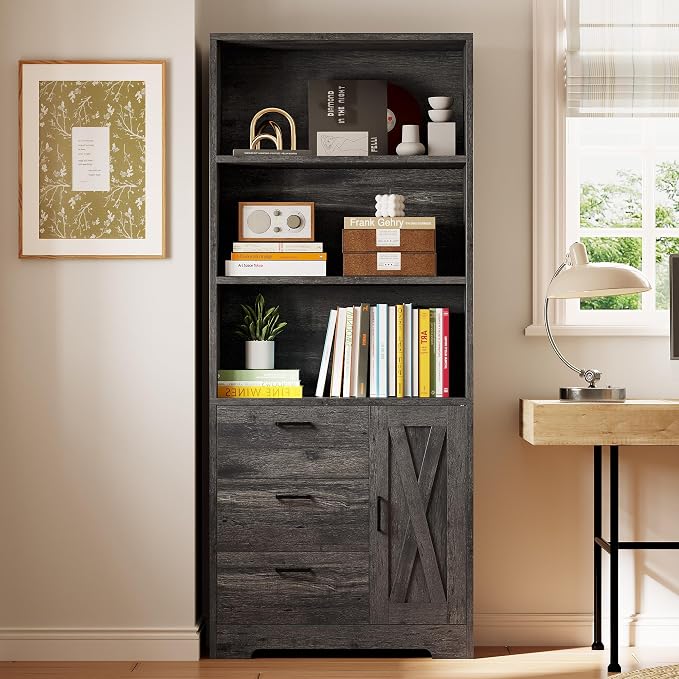 IRONCK Bookshelf with Door and 3 Drawers, 71in Tall Bookcase Shelf with 3-Tier - Image 2