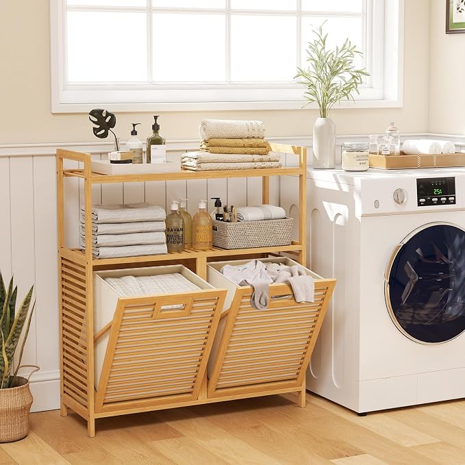 Giantex Double Tilt Out Laundry Hamper w/2-Tier Storage Shelf | 14 Gal Bamboo - Image 3