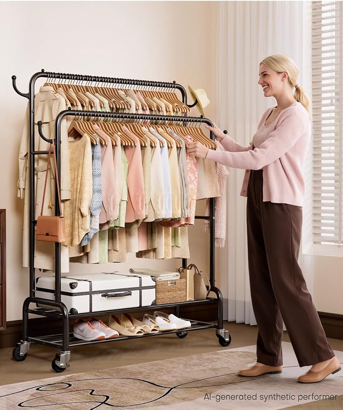 Homde Heavy Duty Clothes Rack: 265lb Rolling Double Rod Garment Hanging - Image 6