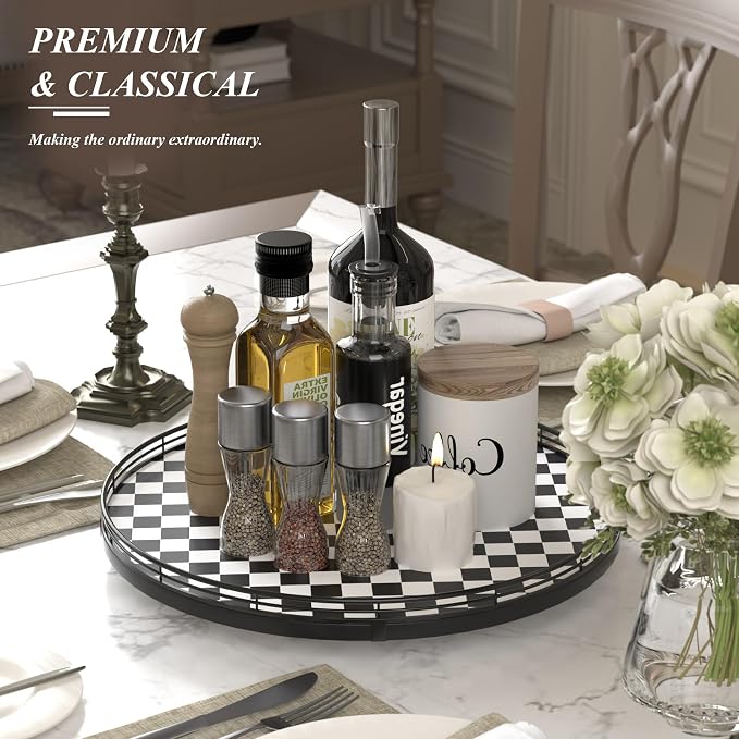 16" Black and White Kitchen Lazy Susan Turntable, Round Checkered Decorative - Image 3