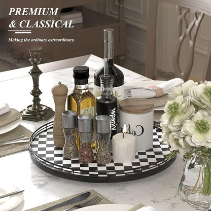 16" Black and White Kitchen Lazy Susan Turntable, Round Checkered Decorative - Image 3