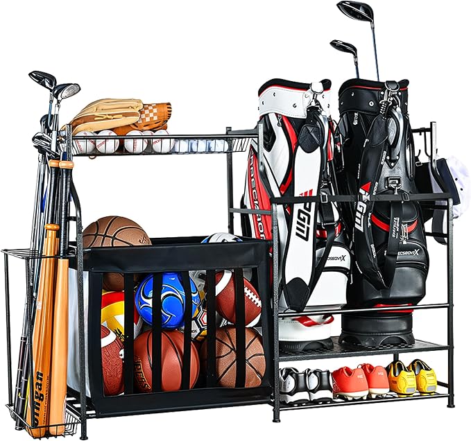 PLKOW Sports Equipment Organizer Rack, Garage Ball Rack, 2 Golf Bag Storage and by PLKOW
