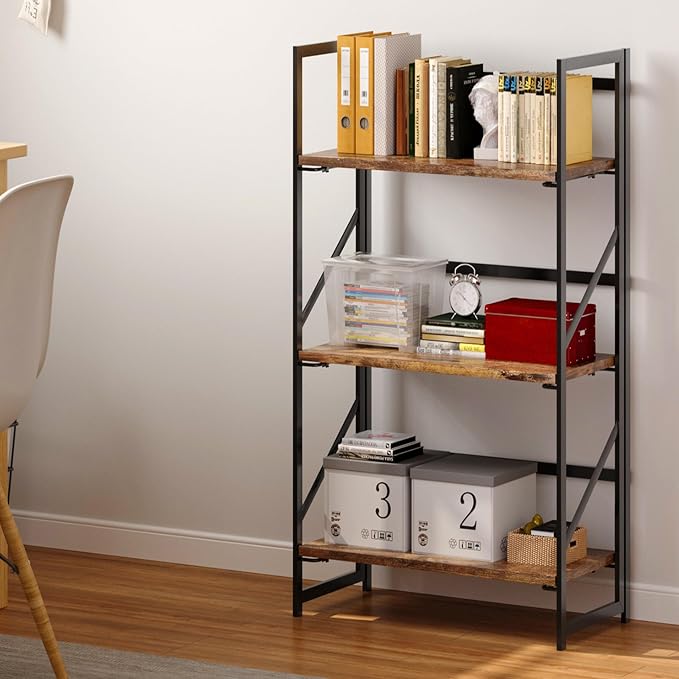 JSB No Assembly Folding Bookshelf, 3 Tier Industrial Metal Book Shelf - Image 2