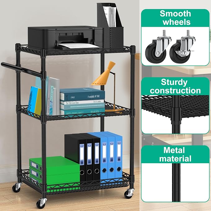 3 Tier Rolling Cart with Wheels, Metal Utility Cart - Image 4