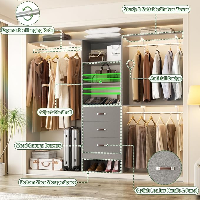 Closet System with 3 Drawers - 8FT Wood Closet Organizer with 3 Shelving Tower - Image 4
