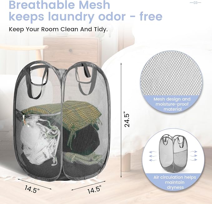 HOUSE AGAIN 2 Pcs Pop Up Laundry Hamper, Strong Mesh Laundry Baskets Collapsible - Image 2