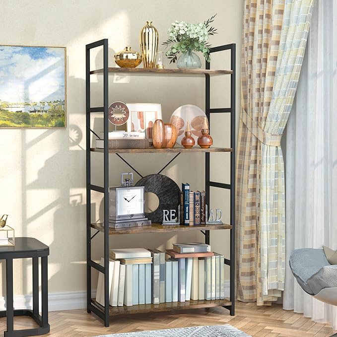 NUMENN 4 Tier Bookshelf, Tall Freestanding Open Storage Bookcase, Vintage | - Image 4