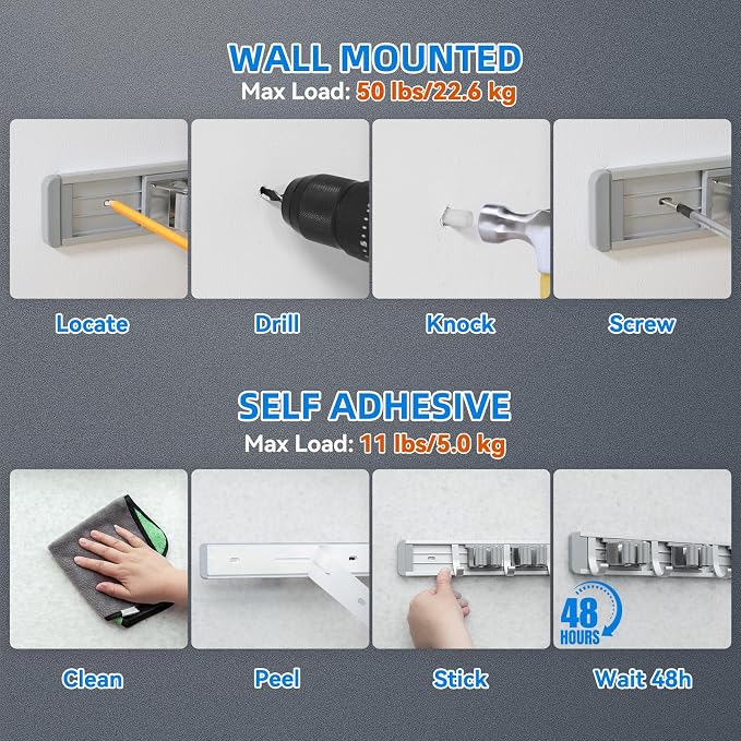 reliahom Broom Holder Wall Mount Mop Hanger Tools organizer 4Racks 5Hooks | - Image 3