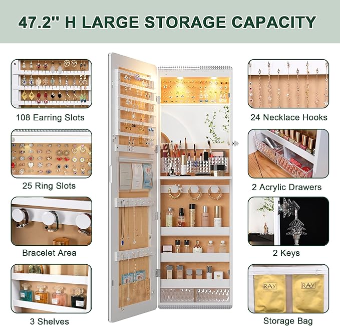 HNEBC LED Mirror Jewelry Cabinet, 47.2" Wall Mounted Jewelry Organizer - Image 5