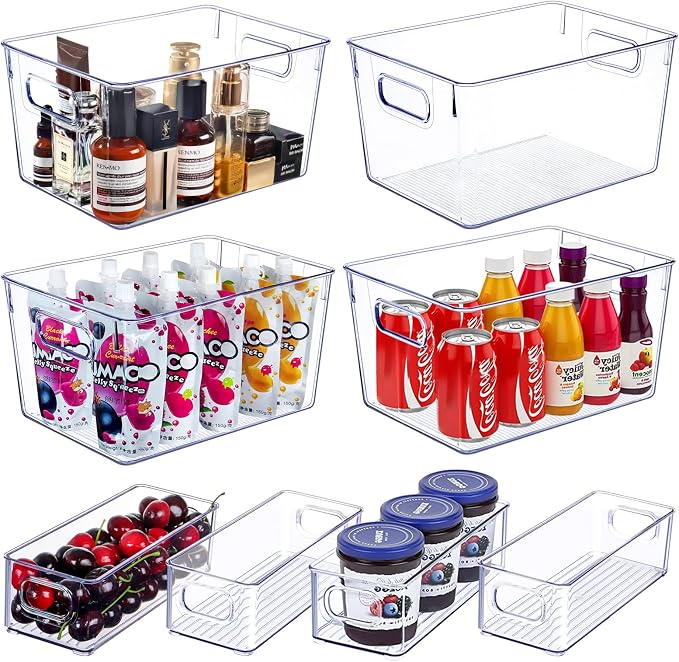 Set of 8 Clear Plastic Storage Bins, 4 Large and 4 Small Stackable Storage by SKTEET
