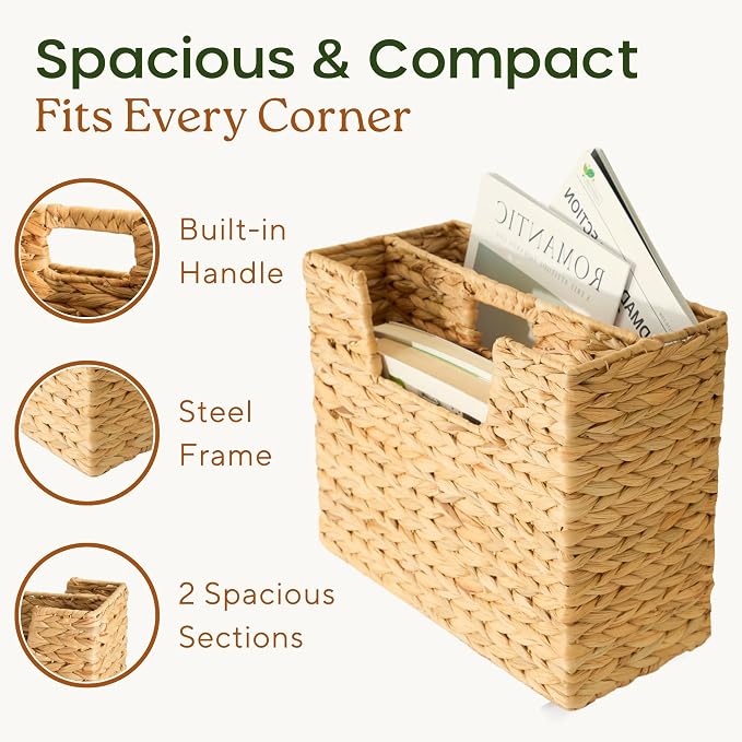 CHI AN HOME Wicker Magazine Basket, Handwoven Water Hyacinth Storage Bin & - Image 2
