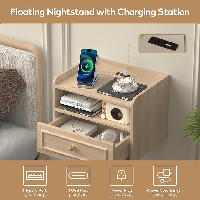 Floating Nightstand with Charging Station Set of 2, Modern Wall Mounted Bedside - Image 3