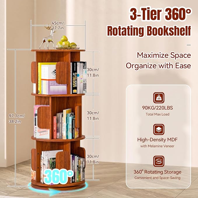3-Tier 360° Rotating Bookshelf, Round Floor Standing Bookcase - Image 2