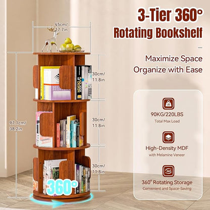 3-Tier 360° Rotating Bookshelf, Round Floor Standing Bookcase - Image 2