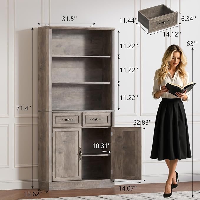 71.4" Tall Bookshelf with Drawers & Cabinet, 5-Tier Floor Standing Bookcase - Image 2