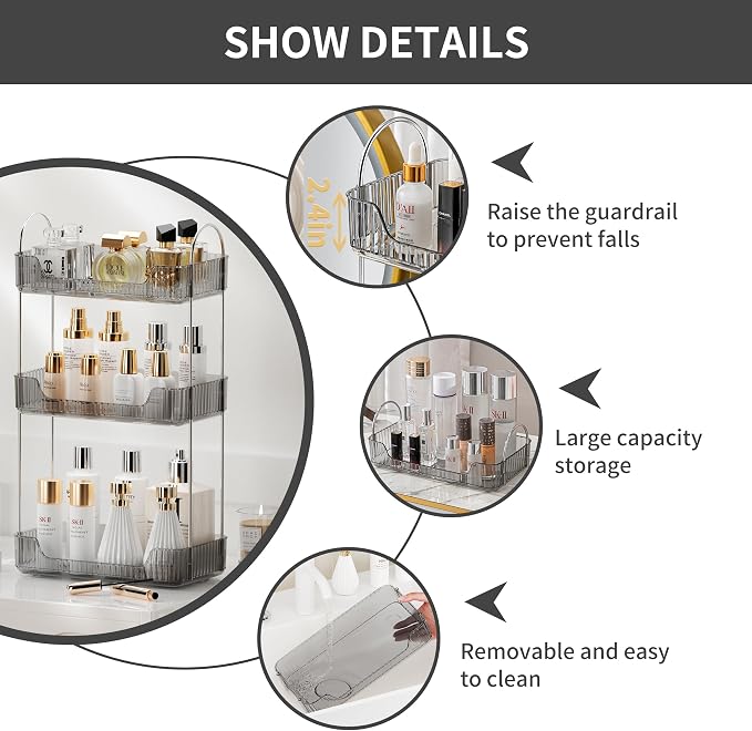 3 Tier Bathroom Organizer Countertop Makeup Perfume Tray Skincare Organizer - Image 6