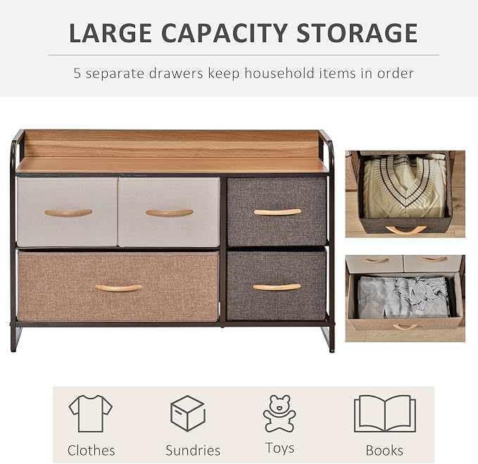 HOMCOM 5-Drawer Dresser, Fabric Chest of Drawers, 2-Tier Storage Organizer - Image 5