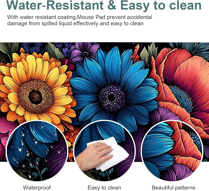 Flower Gaming Mouse Pad 35.4"x15.7"Desk Mat Anti-Slip Rubber Base & Durable - Image 4