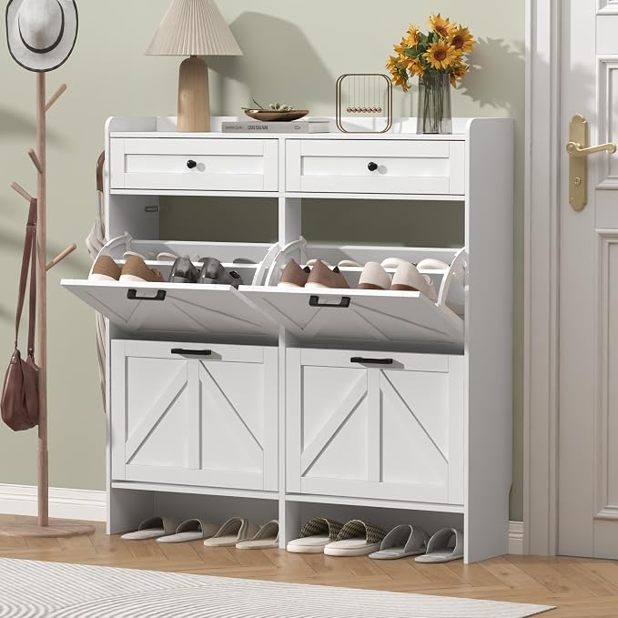 Thacuok Shoe Cabinet with 4 Flip Drawers & 2 Storage Drawers, Rustic Farmhouse - Image 3