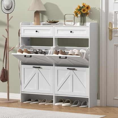 Thacuok Shoe Cabinet with 4 Flip Drawers & 2 Storage Drawers, Rustic Farmhouse - Image 3