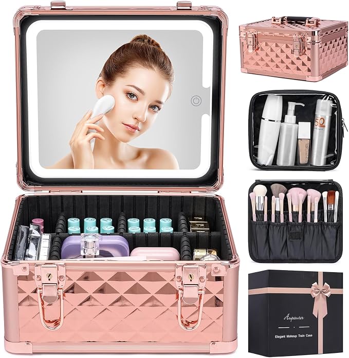 Makeup Box with Led Mirror, Travel Train Hard Case with Rechargeable Mirror by Unknown