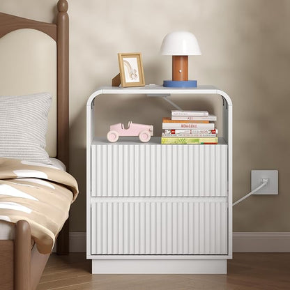 Dresser with 2 Drawers and Charging Station, Fluted Bedside Table with Round - Image 7