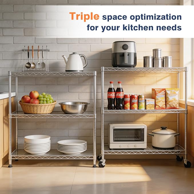 Adjustable 3-Tier Metal Wire Shelves on Wheels, 35.4x17.7 x36.5 | Heavy Duty - Image 3