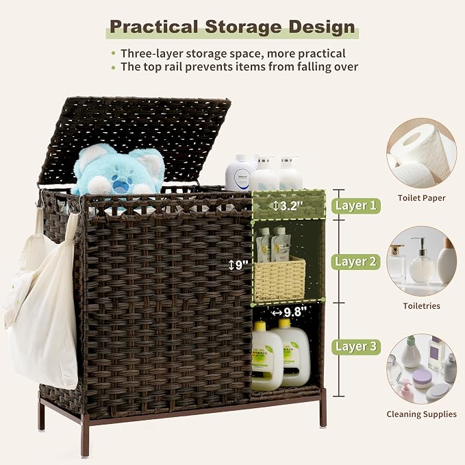 Laundry Hamper with Lid, 110L Rattan Laundry Hamper 2 Section with 50L Storage - Image 5
