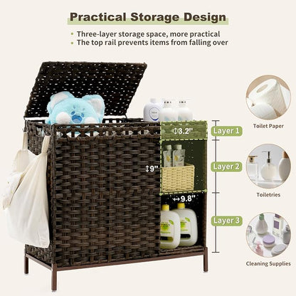 Laundry Hamper with Lid, 110L Rattan Laundry Hamper 2 Section with 50L Storage - Image 5