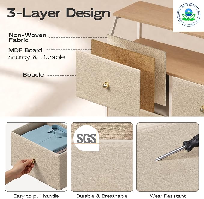 WLIVE Beige Boucle 8-Drawer Fabric Dresser Storage Tower Bedroom | Boucle - Image 6